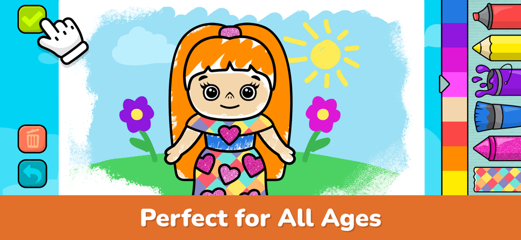 Baby Coloring Book: Kids Games - Digital interface of Baby Coloring Book app featuring a cartoon girl character and coloring tools
