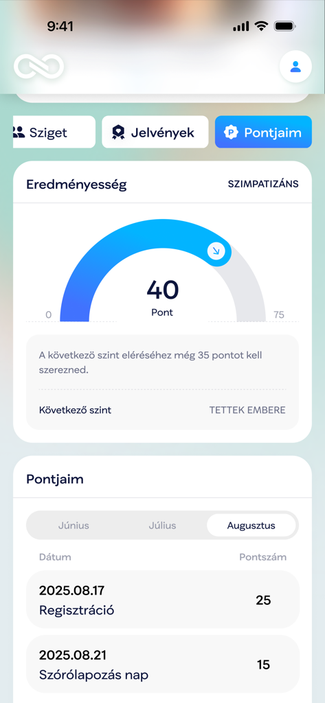 TISZA Vilag app dashboard showing user activity points and progress toward the next achievement level