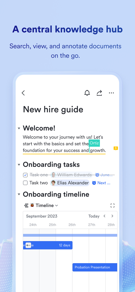 Mobile app screen showing Lark's central knowledge hub with an onboarding document and project timeline