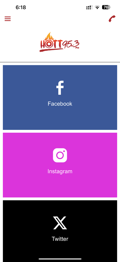 Hott 95.3FM - Social media menu in the Hott 95.3FM app with buttons for Facebook Instagram and Twitter