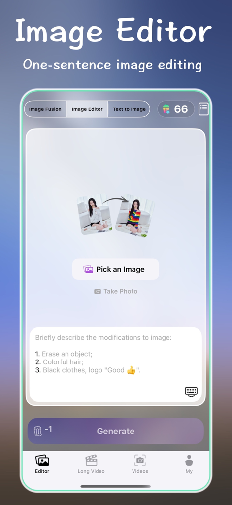 Nano Banana - AI Photo Maker - Interface de l'application Nano Banana montrant l'éditeur d'images IA avec des invites de modification texte-vers-image.