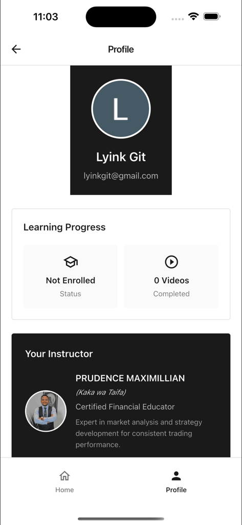 Vision Trader app user profile screen showing learning progress and instructor biography