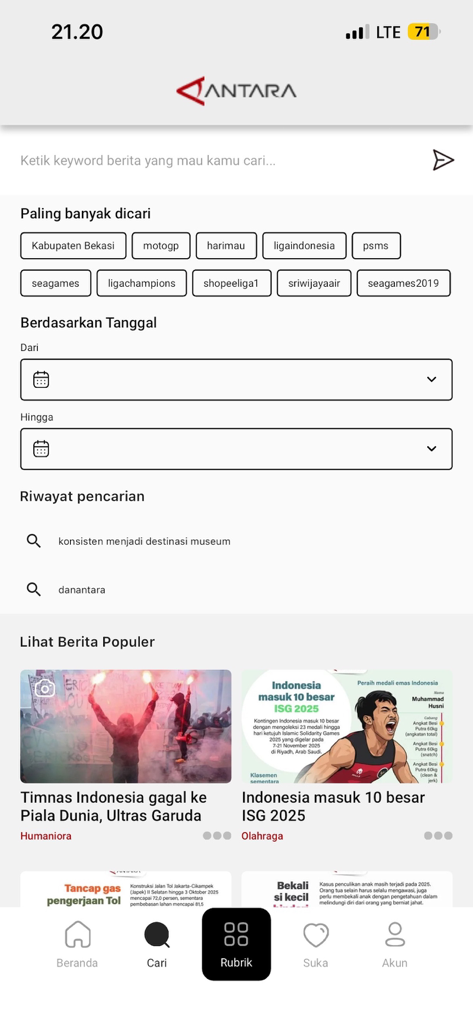 Antaranews - The search interface of the Antaranews mobile app featuring trending topics news categories and popular articles from Indonesia