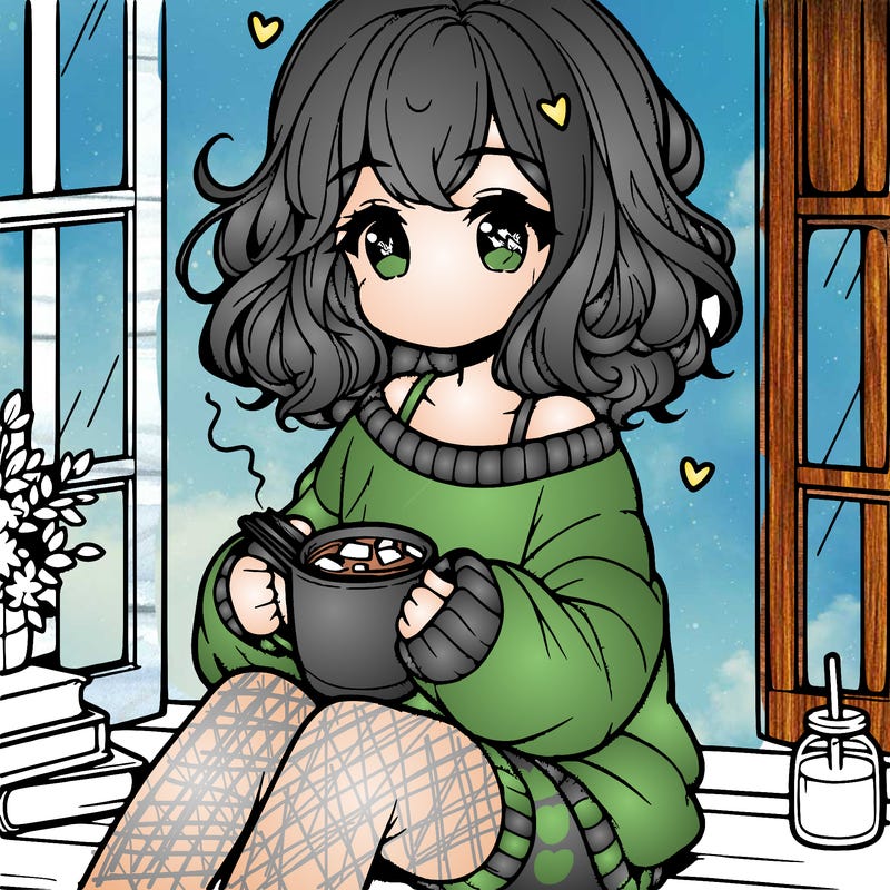cute anime girl reading book and drinking hot chocolate from mug with loose wavy hair wearing a baggy sweatshirt and shorts sitting by windowsill looking out