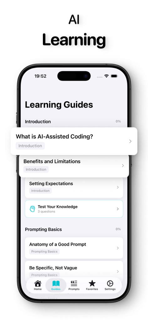 A mobile screen from the Rork app displaying a curriculum of AI-assisted coding lessons and prompting basics.