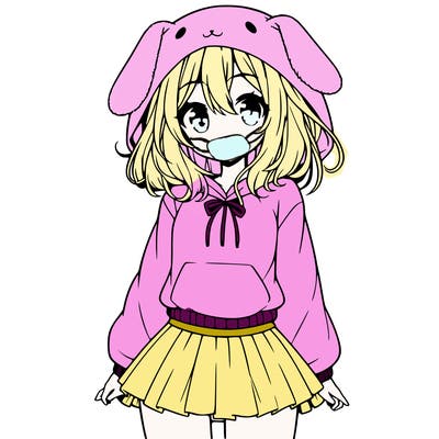 pretty anime girl wearing a fluffy hoodie with bunny ears on the hood and a skirt