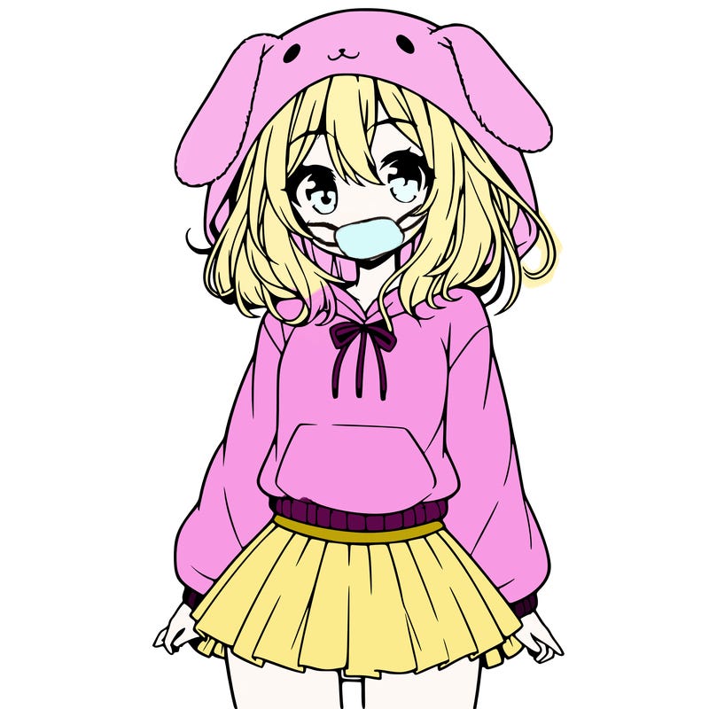 pretty anime girl wearing a fluffy hoodie with bunny ears on the hood and a skirt