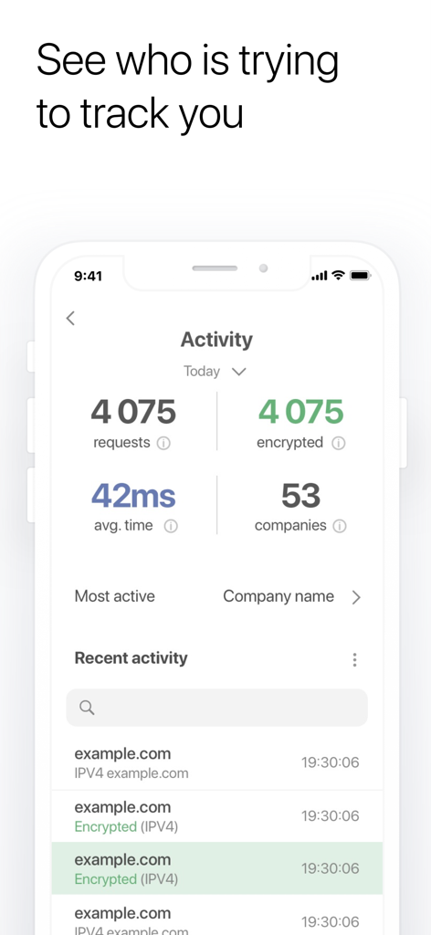 AdGuard Pro Aktivitätsbildschirm, der verschlüsselte Anfragen und identifizierte Tracking-Unternehmen zeigt