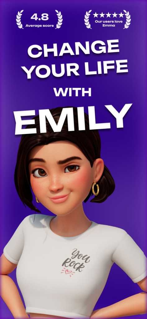 Emily AI life coach character with app rating and tagline Change your life with Emily