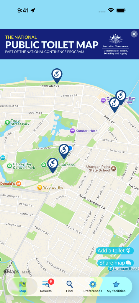Map view of the National Public Toilet Map app showing pins for accessible public facilities