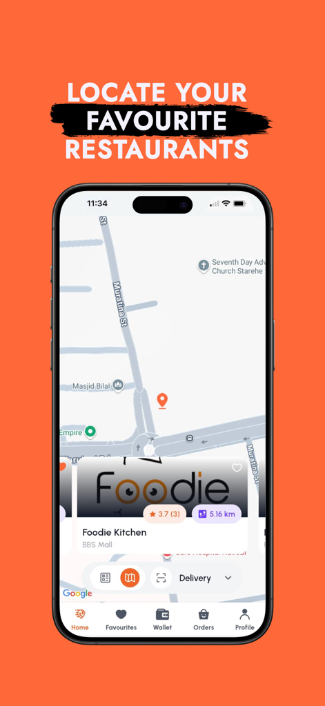 The Menu Hub - Interface do aplicativo The Menu Hub mostrando um mapa para localizar restaurantes favoritos e opções de entrega de comida.