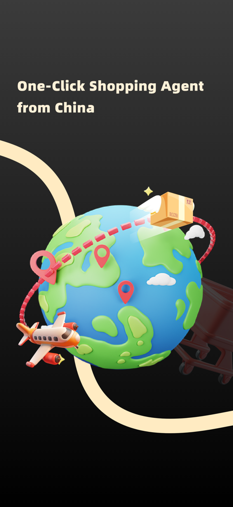 JoyaGoo app intro screen featuring a 3D globe and airplane illustration for international shopping from China.