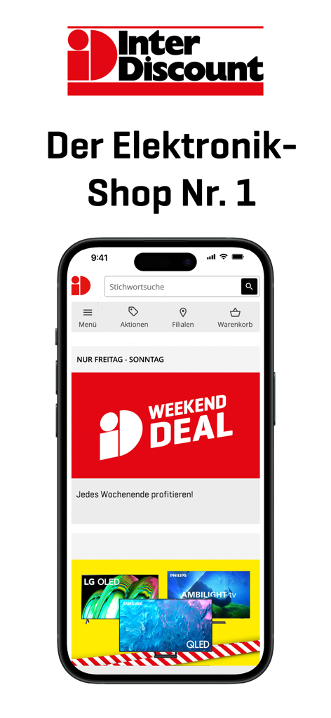 Interdiscount mobile app interface featuring weekend electronics deals and top brands like Samsung and LG.