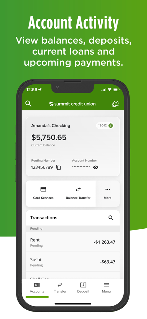 Summit Credit Union - Summit Credit Union mobile app interface showing account balance and recent transactions