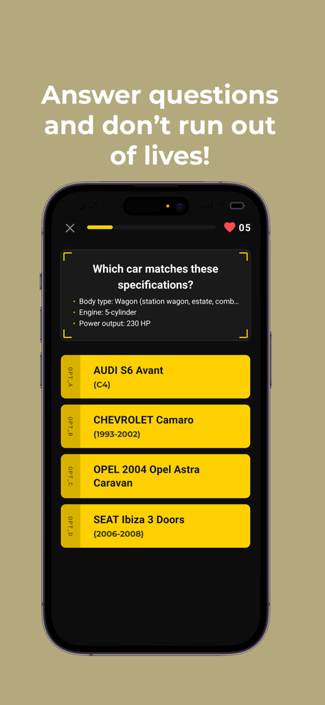 Car Geek - Car Geek app trivia screen showing a question about car specifications and multiple choice options.