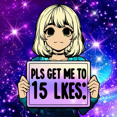 realistic girl holding up a sign that says “pls get me to 15 likes!”