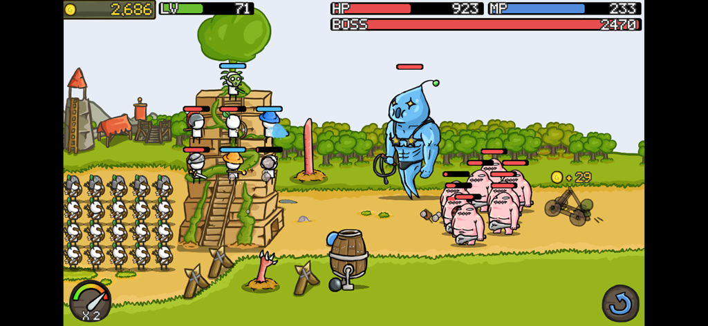 Capture d'écran en jeu de Grow Castle montrant une bataille de tower defense avec des héros et un monstre boss.
