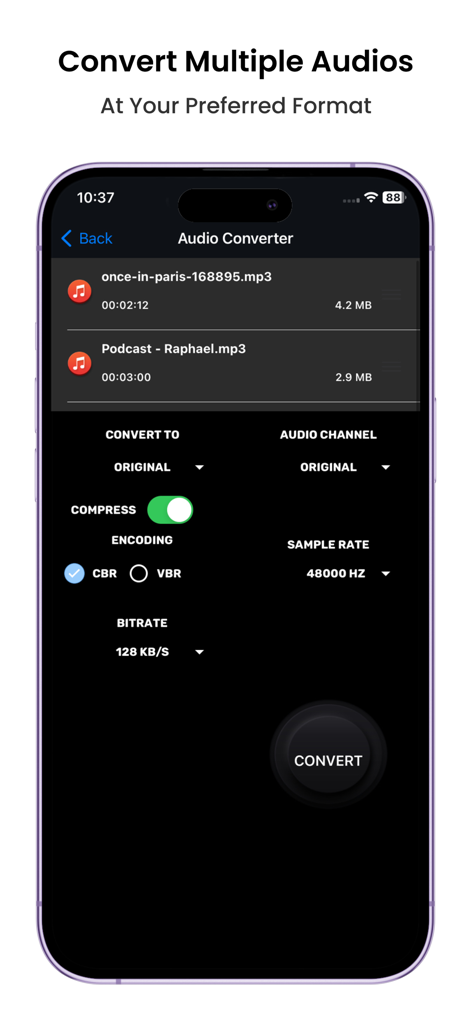 Smartphone screen showing batch audio conversion settings with bitrate and sample rate options