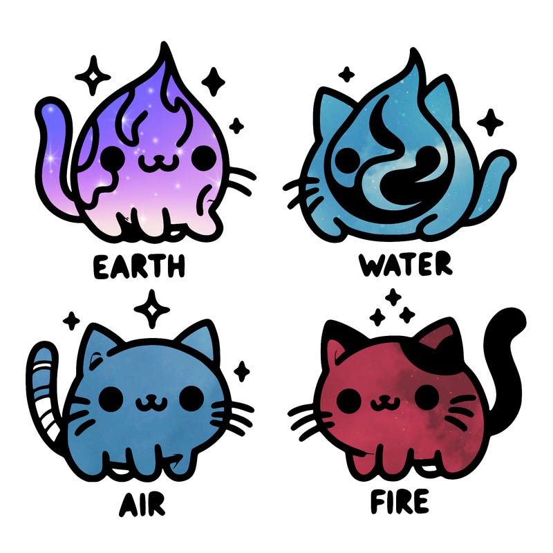 4 cats that represent the different elements, earth, water, air, and fire