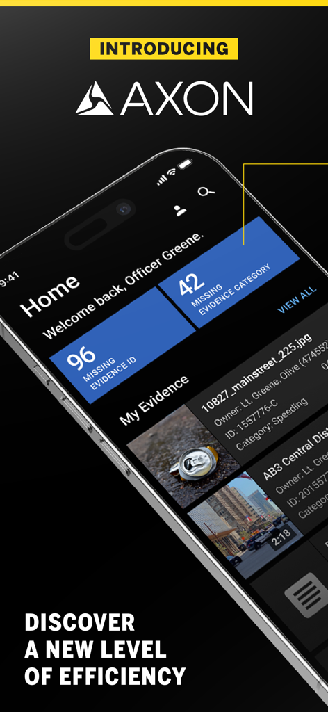 Axon mobile app home screen showing a digital evidence management dashboard for law enforcement officers.