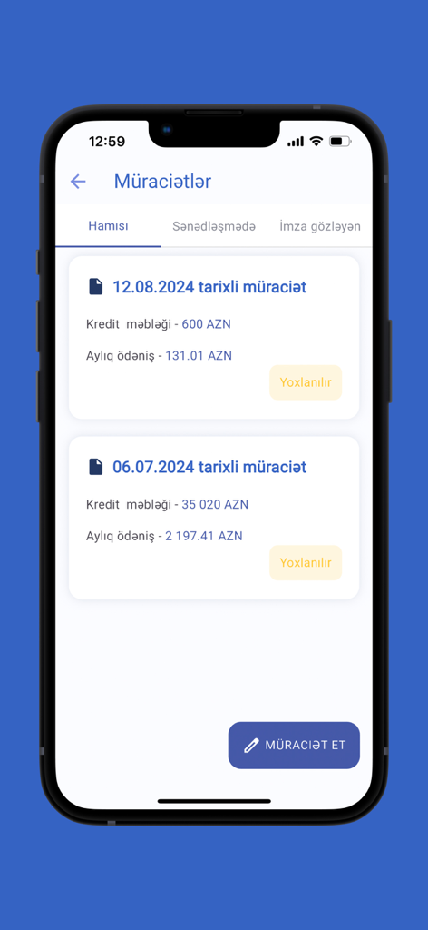 İnternational BOKT - Mobile screenshot of the IBOKT app displaying a list of gold-backed loan applications and their current status