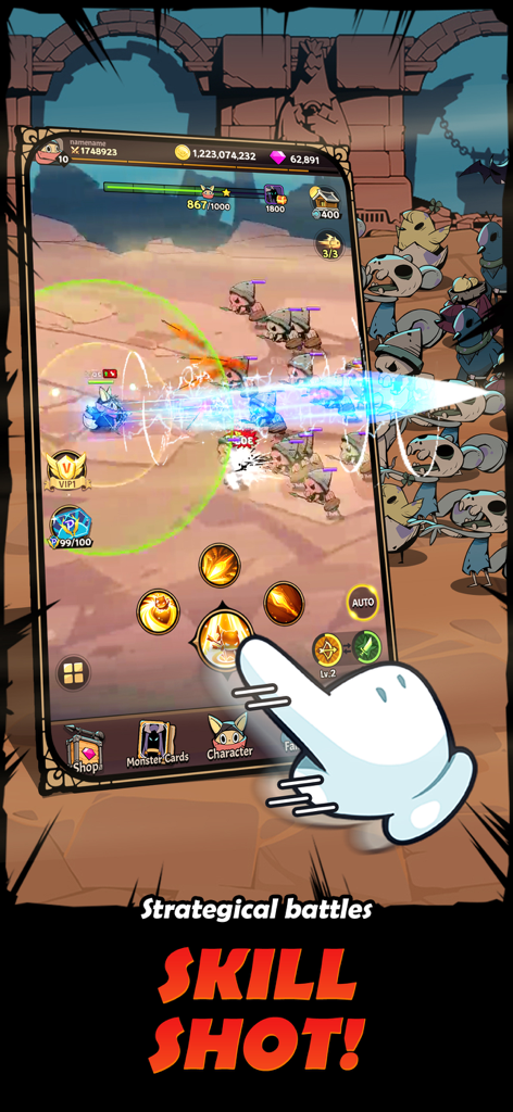 Tailed Demon Slayer - Tailed Demon Slayer mobile gameplay showing a hero performing a powerful blue energy skill shot against a wave of enemies in a stylized desert arena.