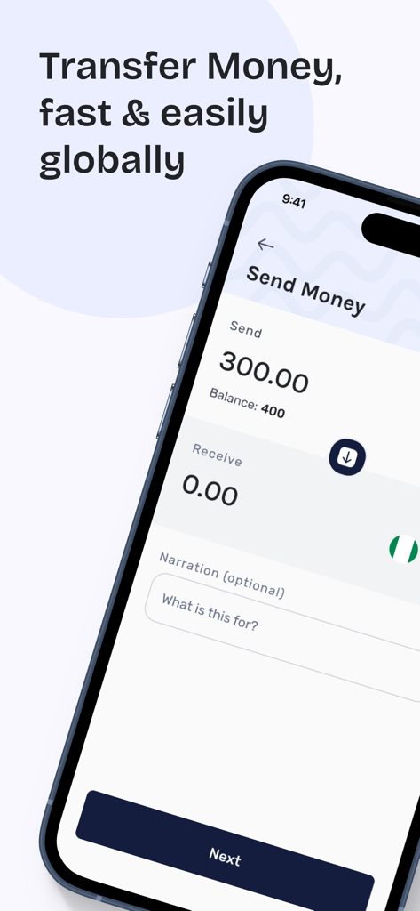 Eine mobile Benutzeroberfläche der Changera-App, die einen Bildschirm für Geldüberweisungen mit Optionen zur Eingabe von Beträgen und zur Auswahl von Währungen wie dem nigerianischen Naira zeigt.