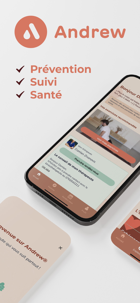 Andrew® - mobilité santé - Interfaz de la aplicación de salud y movilidad Andrew que muestra ejercicios recomendados por fisioterapeutas y consejos de prevención
