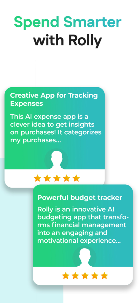 Rolly: AI Budget Money Tracker - Two positive user reviews with five star ratings for the Rolly AI budget money tracker app