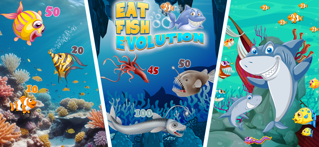 Fish Eat Fish Hunting Games - Escenas submarinas coloridas de Fish Eat Fish Hunting Games mostrando la evolución de tiburones y vida acuática