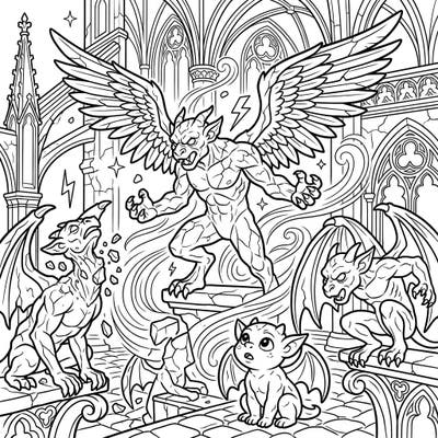 Witness the thrilling moment as ancient gargoyles stir from their stone slumber in this captivating coloring page. Featuring a grand central figure, transforming statues, and intricate gothic details, it's an epic scene ready for your artistic touch.