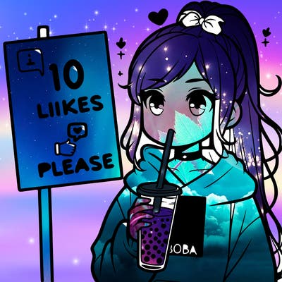 girl with a high ponytail and a hoodie drinking boba staring at a sign saying 10 likes please