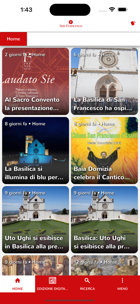 San Francesco Digitale - The home screen of the San Francesco Digitale app displaying a grid of religious news articles and images from the Basilica of San Francesco in Assisi.