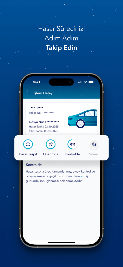 터키 보험 앱의 단계별 자동차 보험 청구 추적 인터페이스