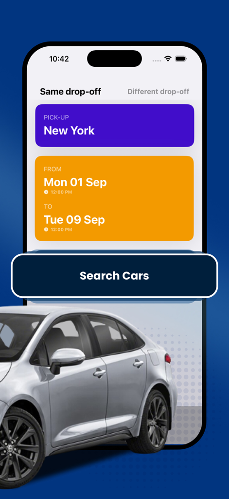 Cheap Car Rental・Cars Hire App - Search screen of the Cheap Car Rental app showing a pick-up in New York for a September trip.
