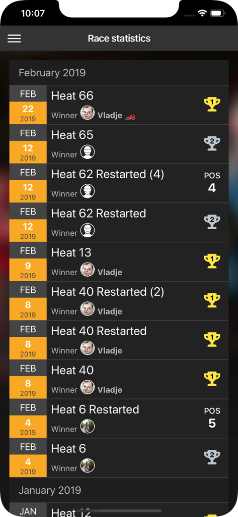 Tela do celular exibindo resultados de bateria de corrida de kart e estatísticas do vencedor