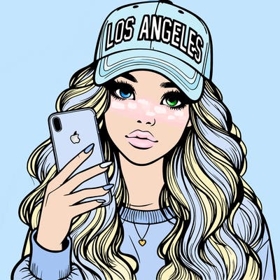 realistic beautiful girl wearing los ángeles cap holding an iphone