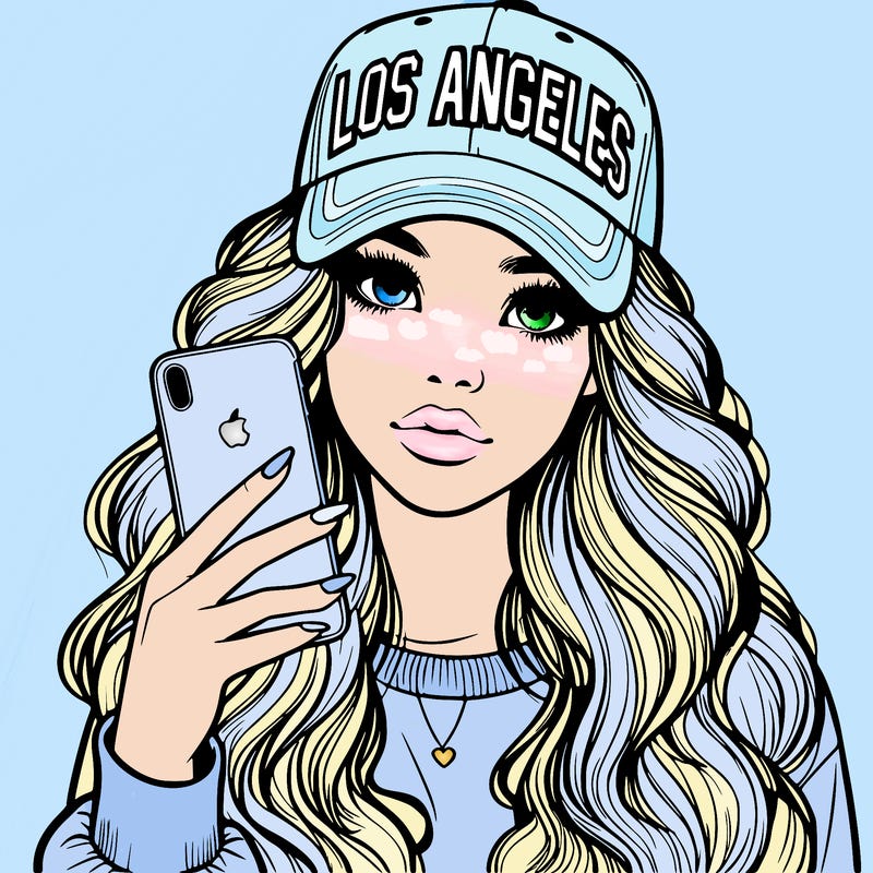 realistic beautiful girl wearing los ángeles cap holding an iphone