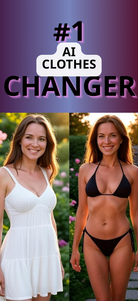 Clothes Changer - AI Generator - Side by side comparison of a woman changing her outfit from a white dress to a black bikini using the Cloty AI app