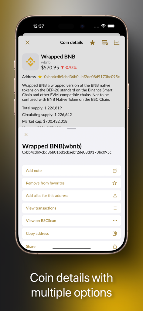 Binance Smart Chain Explorer app showing coin details and management options for Wrapped BNB