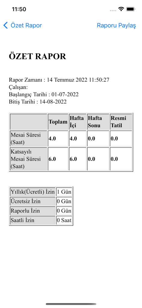 Mesailerim - A summary report in the Mesailerim app showing calculated overtime hours and employee leave data in Turkish.