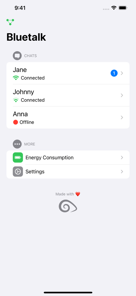 Bluetooth Messenger: Bluetalk - Bluetalk app interface showing proximity-based chat list with connected and offline contacts