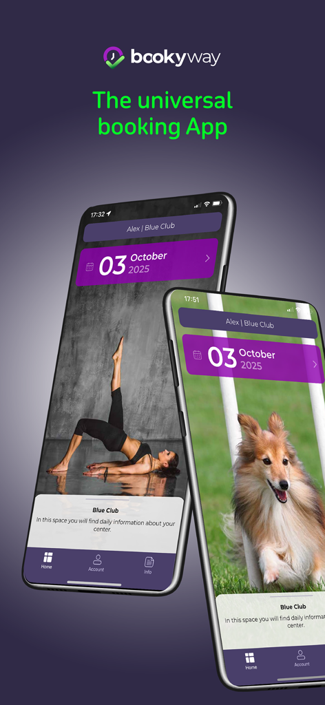 BookyWay Mobile-App-Oberfläche, die die Terminplanung für Yoga- und Tiertrainingskurse zeigt