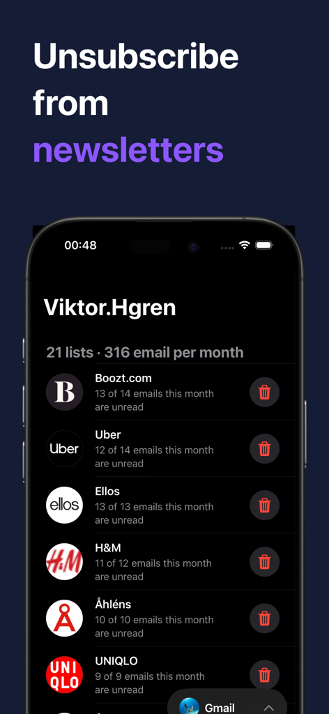 Eine mobile Benutzeroberfläche der Unora-App, die eine Liste aktiver E-Mail-Newsletter mit einer Ein-Klick-Abmeldeschaltfläche neben jedem anzeigt.