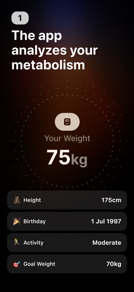 Ninja Fit: Ai Calorie tracker - Écran d'analyse du métabolisme dans l'application Ninja Fit montrant le poids de l'utilisateur et les indicateurs de santé