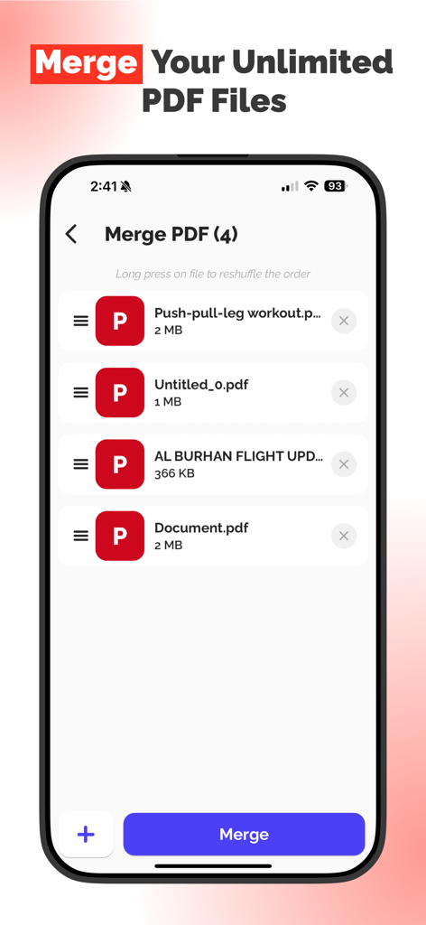 PDF Converter - All Documents - Captura de pantalla de la función Combinar Archivos PDF en la aplicación Convertidor de PDF que muestra una lista de documentos para combinar