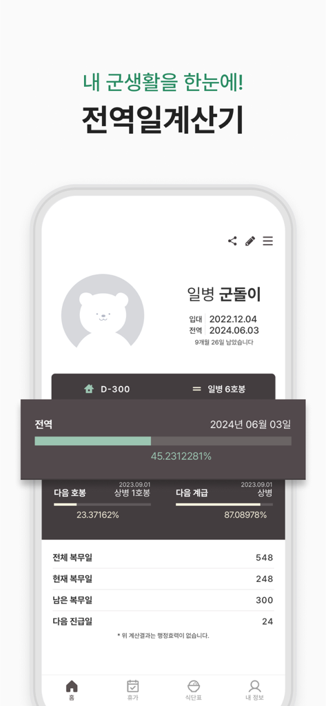 군돌이 - 군대 전역일계산기 - Goondori app interface showing military service progress percentage and discharge countdown