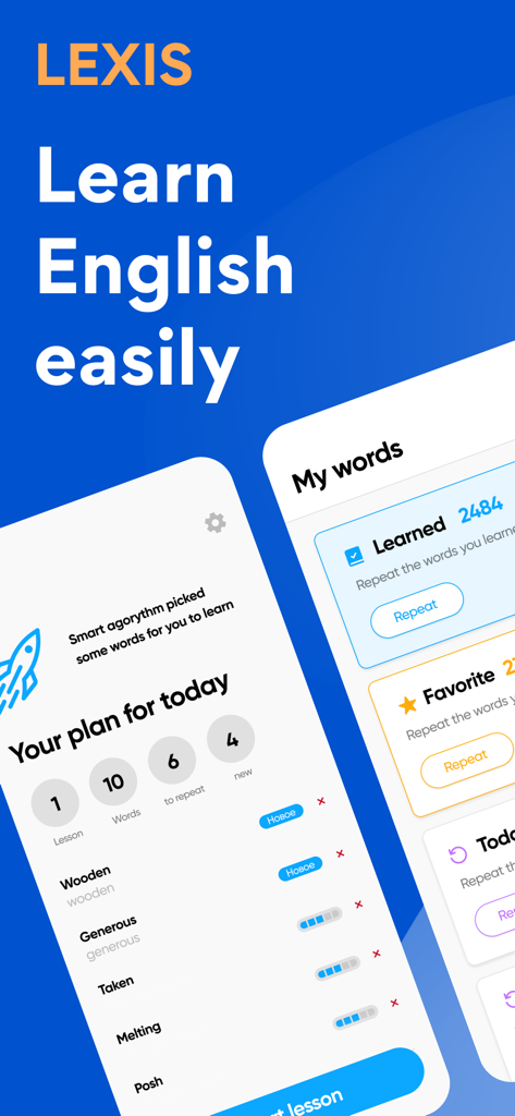 Lexis: Curso de Inglés - Interfaz de la aplicación Lexis mostrando un plan de aprendizaje de vocabulario de inglés personalizado y estadísticas