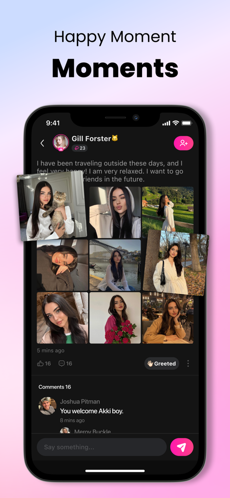 Pluto: Live Chat & Talk - Plutoアプリのインターフェースで、モーメンツセクションでのユーザーの写真とソーシャルインタラクションを表示しています。