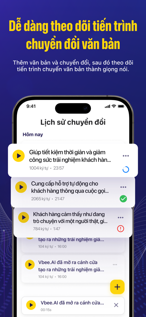 Vbee AIVoice app screen displaying a history log of text to speech conversion tasks with progress status indicators